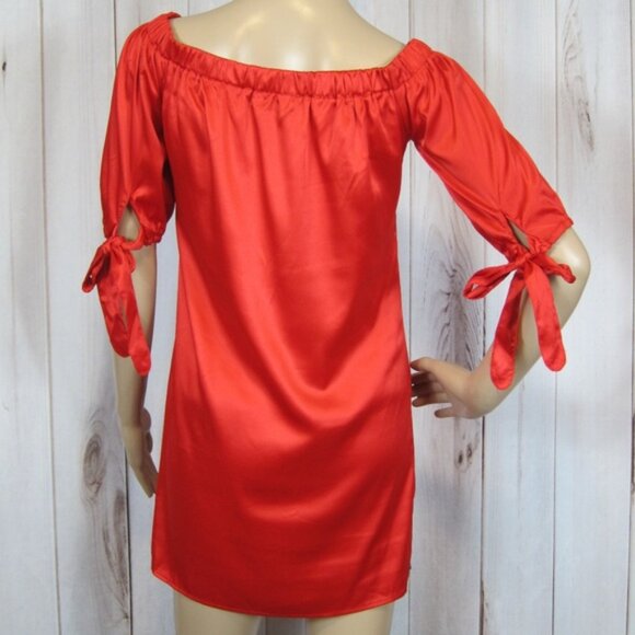 Medium Off Shoulder Dress Red Satin Blue & White Embroidery Mini Shift Dress NEW - Picture 2 of 8